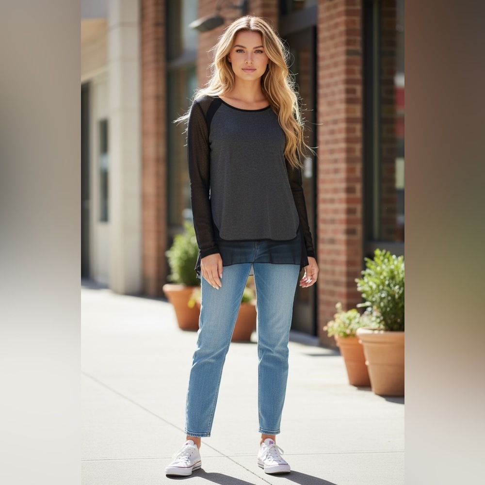 Elie Tahari Merino Wool Silk Top Gray Long Sleeves S